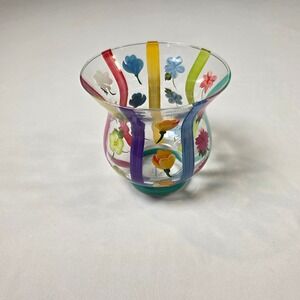 Teleflora Floral Striped Vase Home Decor Multicolor‎ Hand Painted Glass 5.5in